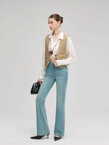 Women's High Waist Flared Jeans Slim Fit Retro Style Casual Autumn Denim Pants - Turquoise - View 6