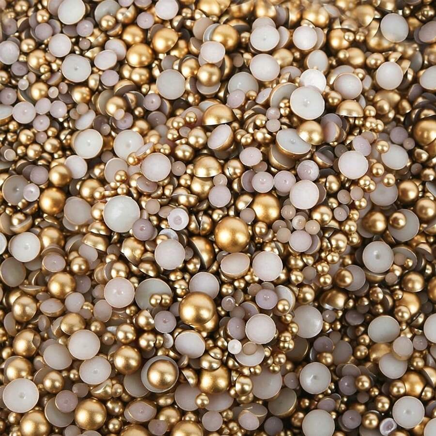 1100pcs 3-10mm Mixed Pearl Resin Rhinestone Flat Back Pearls, DIY Jewelry Accessories For Phone Case, Mirror, Cup, Crafts, Shoes - Asian Gold - View 1