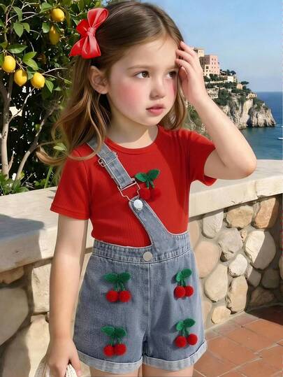 Bộ đồ thể thao mùa hè cho bé gái gồm áo thun ngắn tay cổ tròn in hình quả anh đào và quần short denim màu trơn cạp chun, kiểu dáng bất đối xứng, thích hợp mặc mùa hè.