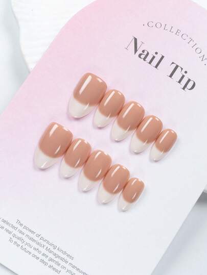 JNHK Set de 10 piezas de puntas de uñas de forma almendrada corta con colores degradados nude y blanco lechoso, uñas postizas, con 1 bloque de pulido de uñas y 1 gel de gelatina