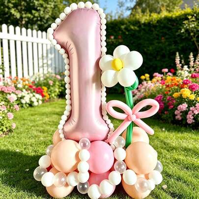 40pcs Cute Floral & Number 1 Balloon Set, Featuring Soft Pink, Beige And Transparent Latex Balloons With Pink Foil Number Balloon, Decorated With White 5-Petal Flowers And Pink Bows, Suitable For Baby's 1st Birthday Party, Spring Theme Events, Children's Growth Photography