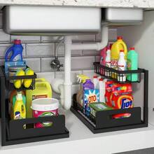 1 Buah Kotak Penyimpanan Geser 2 Tingkat di Bawah Wastafel dengan Pengait, Laci Penyimpanan Keranjang Kabinet Plastik, Cocok untuk Kamar Mandi dan Dapur, Alas Hemat Ruang, Solusi Penyimpanan di Bawah Wastafel, Organizer Keranjang Geser Dua Tingkat, Cocok untuk Kabinet, Sempurna untuk Kamar Mandi dan Dapur, dengan Pengait dan Tempat Gelas. Laci Bawah Dapat Dilepas, Tambahan Sempurna untuk Dapur - MultiWarna - View 3