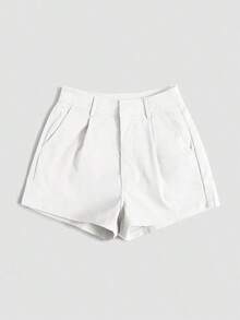 Shorts diarios tejidos de unicolor para mujer, sencillos - Blanco - Ver 3