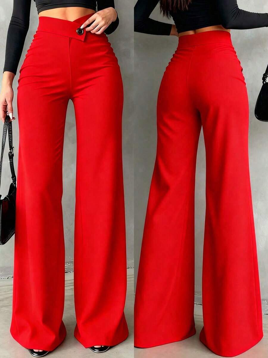 Pantalones rectos negros sólidos, casuales y elegantes para mujer.La línea de cintura asimétrica en forma de V acentúa las curvas, adecuados para uso diario, oficina, citas y vacaciones de primavera - Rojo - Ver 1