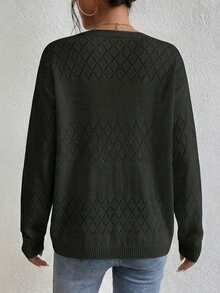 Plus Size Women's White Open Knit Cardigan, V Neck Long Sleeve Hollow Out Crochet Sweater, Casual Loose Open Front Outerwear For Spring Fall - Black - View 4