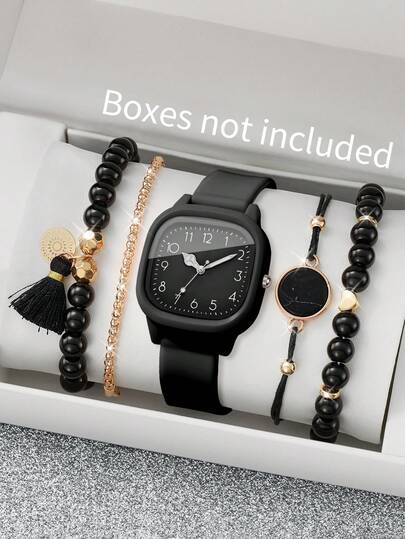 5pcs/Set Women's Silicone Watch, Fashion Casual Square Dial Elegant Quartz Wrist Watch + Bracelet (Watch Box Not Included)