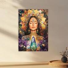 Enmarcado Lienzo enmarcado plano 2D de 1 pieza - Mujer mística sagrada con cristales, decoración espiritual cósmica vibrante, estilo art déco para uso interior/exterior, regalo perfecto para sanadores, decoración de pared espiritual, rica paleta de colores, lienzo para pared - Enmarcado - Ver 3