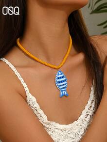 OOQ 1pc Colorful Fish Pendant Beaded Necklace, Casual Minimalist Elegant Necklace For Women, Suitable For Daily, Holiday, Gift, Beach Party, Ball, Gift For Best Friend - Yellow + Blue - View 4