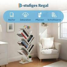 Platzsparendes Baum-Bücherregal aus Holz – 6 Ebenen – großes, modernes Standregal für Bücher, Zeitschriften, CDs – multifunktional für Wohnzimmer, Büro, Home Office - Weiß - Übersicht 3