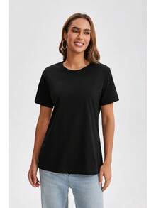 Camiseta básica clásica de algodón para mujer, de cuello redondo y manga corta, camiseta holgada de color sólido, top deportivo de color sólido, sudadera, camiseta de verano. - 0-Negro - Ver 2