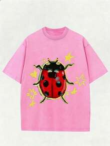 Washed Rose Red Unisex Tee, Star & Ladybug Print, Vintage Distressed Style, Premium Fabric, Summer Graphic Top, Ideal For Daily Wear & Holiday Gifts - 玫瑰紅 - 查看 10