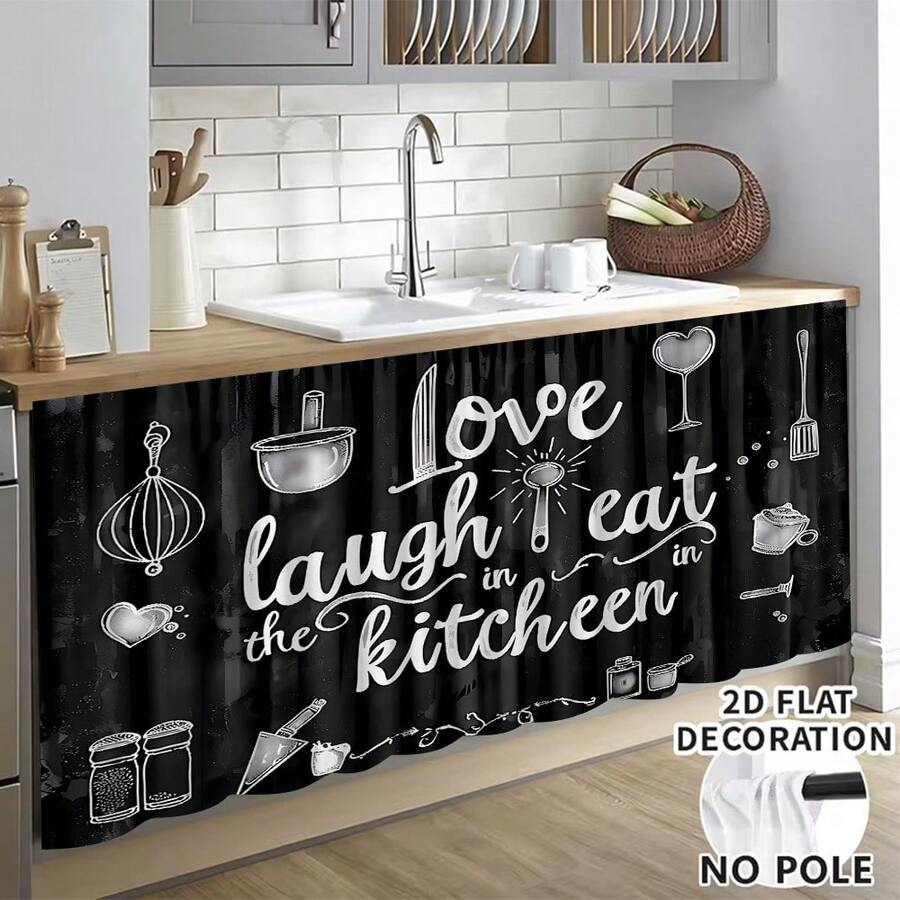 1pc, Home Decor, Cartoon Kitchen Pattern Printed Table Skirt, Kitchen Small Curtain, Kitchen Cabinet Cover Curtain, With Curtain Holes, Easy To Hang, Rectangular, Machine Woven, Machine Washable, Kitchen Decoration And Accessories, Perfect For Kitchen Cabinets And Home Decor - Multicolor - View 1