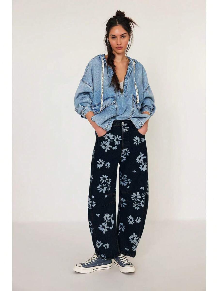 Vintage Floral Print Barrel-Shaped Jeans High-Waisted Wide-Leg Yellow Denim Trousers Vintage Y2K Style Casual Pants - 黑色底花色 - 查看 1