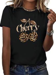 Camiseta deportiva casual de moda para mujer con estampado de cerezas y leopardo, estilo moderno 2026. - Negro - Ver 1