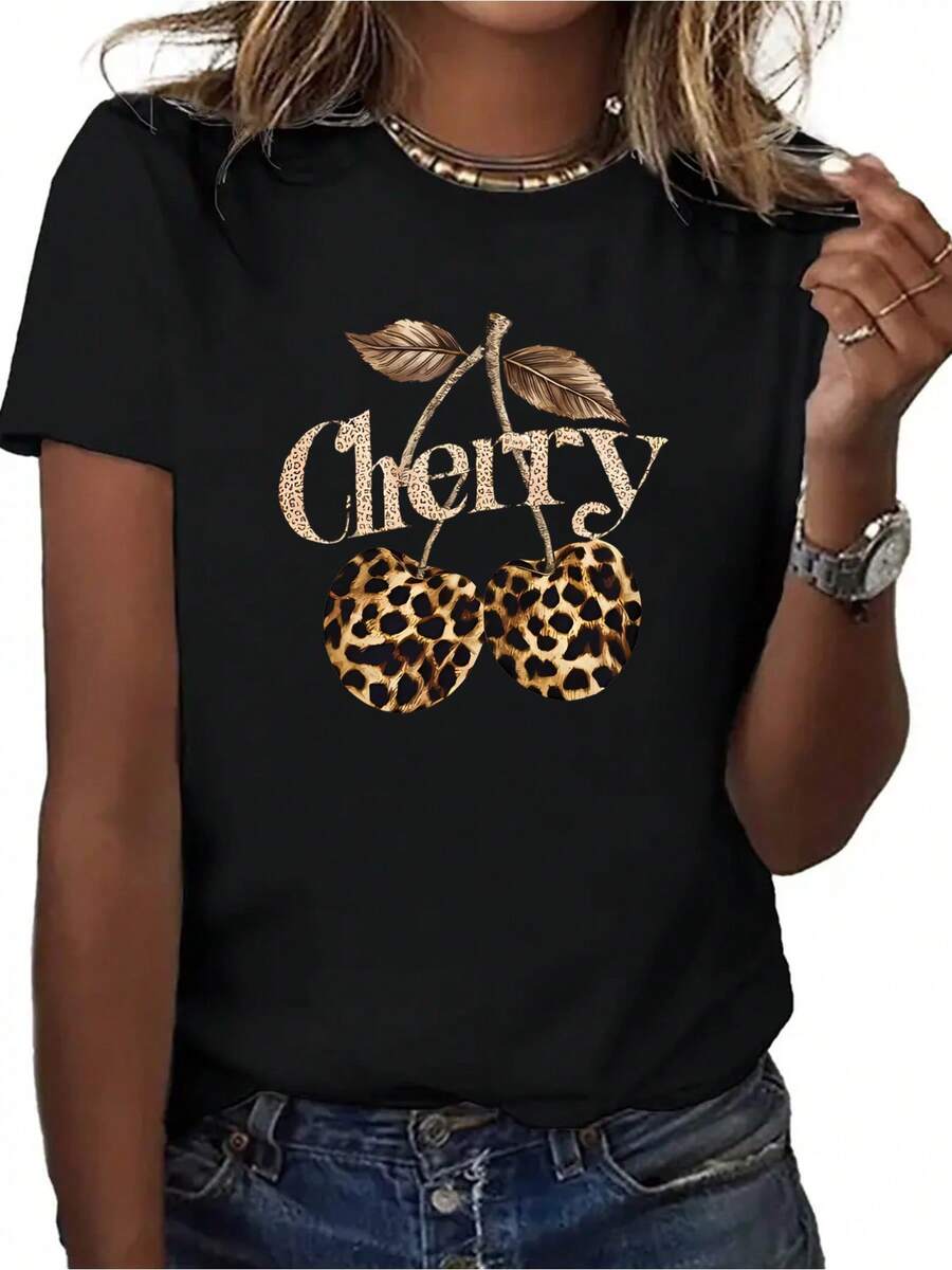 Camiseta deportiva casual de moda para mujer con estampado de cerezas y leopardo, estilo moderno 2026. - Negro - Ver 1