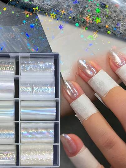 10 role folie holografică laser argintie pentru unghii, folie de sticlă cu membrană Aurora, hârtie folie de transfer lucioasă, benzi glisante din plastic, decorare unghii cu acoperire completă