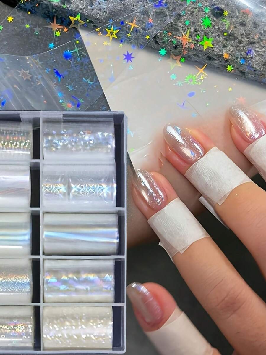 10卷全息激光银色美甲箔、极光膜美甲玻璃箔、闪亮转印箔纸、塑料滑条、全覆盖美甲装饰 - 彩色 - 查看 1