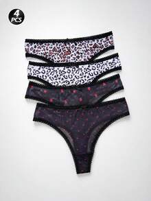 4件套女士性感透视网纱豹纹草莓印花低腰T字带蕾丝边透明内裤套装，日常穿着 - 彩色 - 查看 3