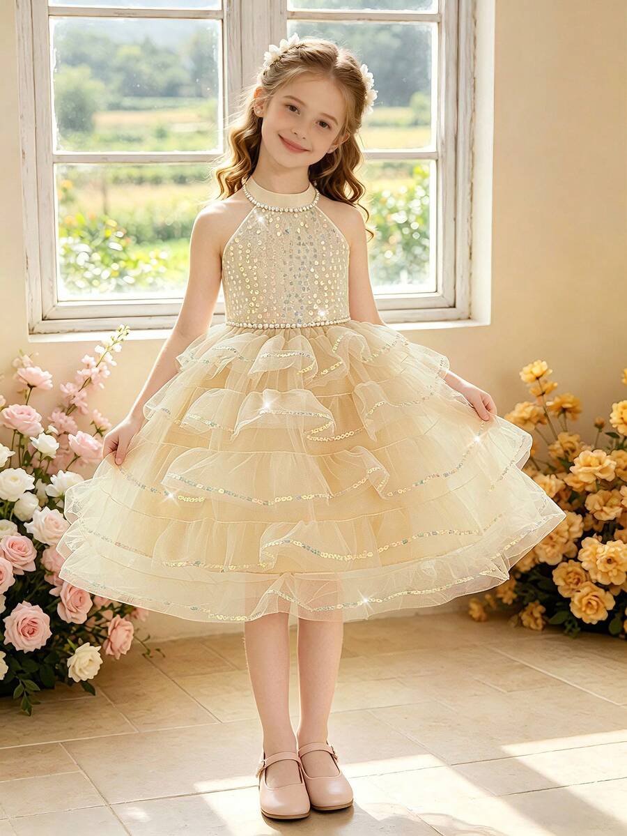 Đầm bé gái không tay, cổ yếm đính ngọc trai giả, màu sâm panh, sequin và voan, kiểu dáng thanh lịch, thích hợp cho tiệc sinh nhật, lễ tốt nghiệp, trình diễn thời trang, tiệc tối. Hướng sequin ngẫu nhiên, không bao gồm băng đô. - Rượu sâm banh - Xem 1