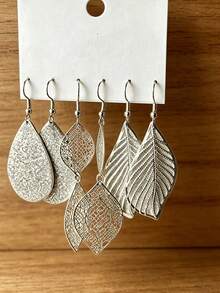 6 piezas Pendientes geométricos versátiles con hojas y gotas de agua, adecuados para cualquier ocasión - Plateado - Ver 3