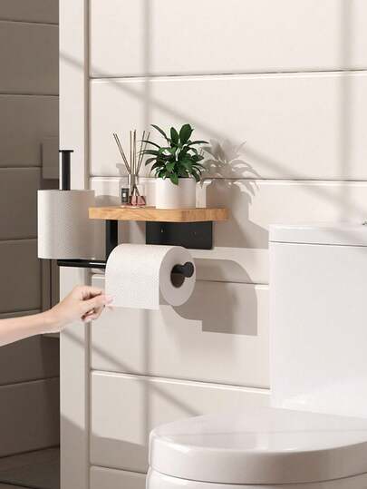 1 Giá đỡ giấy vệ sinh bằng gỗ treo tường có kệ - Giá đựng giấy vệ sinh treo tường phòng tắm, kệ đựng đồ nhà bếp và phòng tắm, giá đựng khăn giấy treo tường phòng tắm, giá đựng cuộn giấy vệ sinh, đồ trang trí phòng tắm