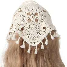 1 pièce Écharpe triangulaire beige en tricot ajouré à franges, pour voyager et les fêtes - Beige - View 1