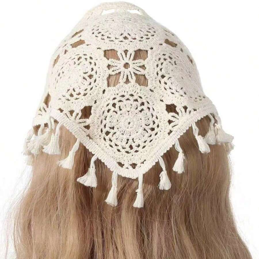 1 pièce Écharpe triangulaire beige en tricot ajouré à franges, pour voyager et les fêtes - Beige - View 1