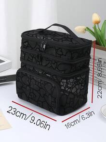 Black Minimalist Fashion Mesh Heart Pattern, Large Capacity Multi-Function 3-Layer Makeup Bag, Single Handle Multi-Pocket Convenient Design, Foldable Storage Bag, Compartment Storage - Black - View 4