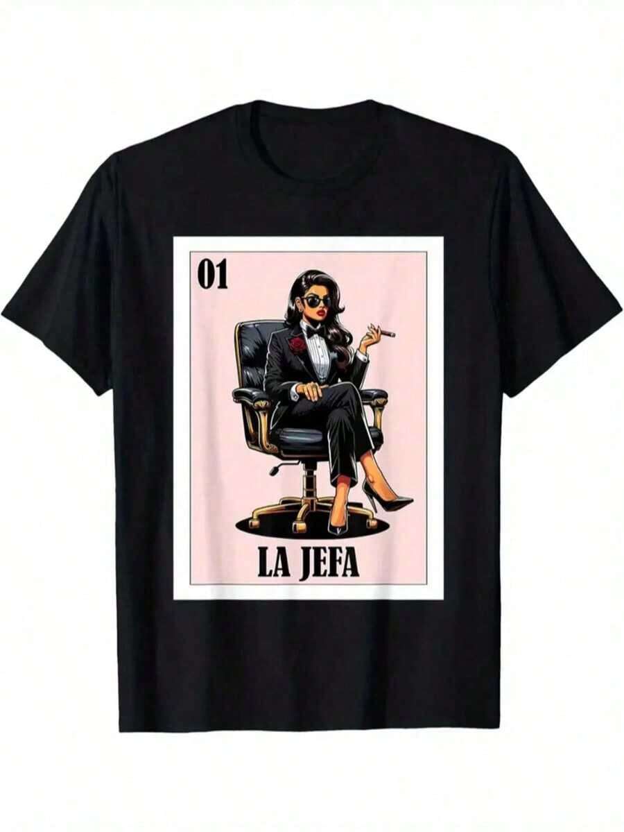 Women's Graphic T-Shirt, Short Sleeve, Round Neck, Casual, Comfortable, Cool, Lightweight, Modern, Youthful, Regular Fit, Mexican Lottery Letter Print, "La Jefa" K44H - 黑色 - 查看 1
