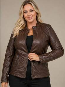 Women's Plus Size Leather Jacket - Óxido marrón - Ver 1