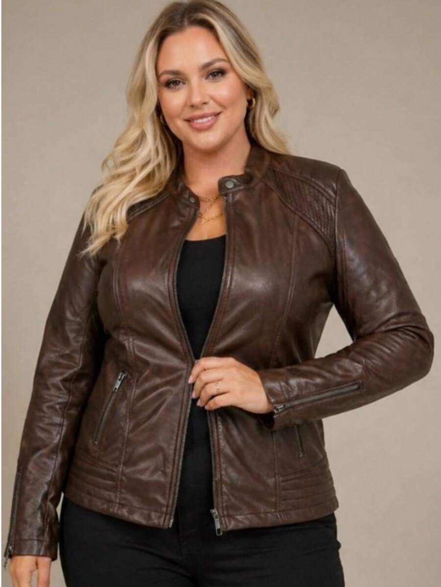 Women's Plus Size Leather Jacket - Óxido marrón - Ver 1