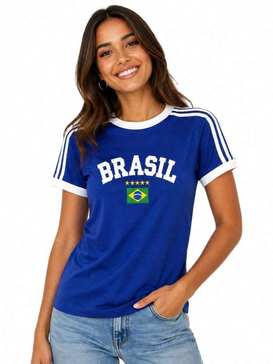 Women's Embroidered Brazil Shirt – Regular Fit, Casual Look, No River - 寶藍色 - 查看 1