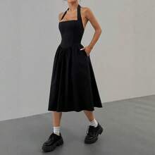 Women's Halter Neck Backless Dress Slim Fit Solid Color Summer Bodycon Mini Dress - Black - View 7