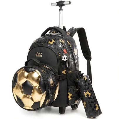 Mochila con ruedas para niños con diseño de fútbol, mochila escolar con ruedas y forma redonda, con hebilla y estuche para lápices, equipaje de viaje para estudiantes de primaria