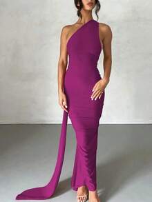 Vestido de fiesta elegante de verano para mujer, de un solo hombro, ajustado y con espalda descubierta, de unicolor - Morado - Ver 4