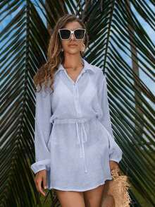 Conjunto de verano para mujer: Camisa elegante y casual con botones y mangas de farol, vestido corto y ligero para la playa, versátil - Celeste - Ver 6