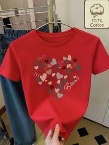 FashionNEWPlayera para mujer estilo casual dulce estampado de corazones tela suave ajuste holgado cuello redondo manga corta primavera verano uso diario,print corazones, romantico, San valentín-Vintage Street Style Unisex Loose Cotton Short Sleeve Crew Neck T-Shirt - Rojo - Ver 8