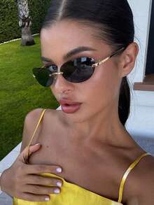 1 pieza Gafas ovaladas sin marco personalizadas, gafas multifuncionales retro Y2K grandes para mujer, adecuadas para viajes, vacaciones, regalo, uso diario, accesorio de playa - Negro - Ver 3