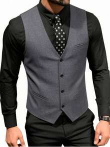 Chaleco casual estilo coreano para hombres, diseño de unicolor con ajuste slim y cuatro botones, chaleco con cuello de traje - Gris - Ver 1