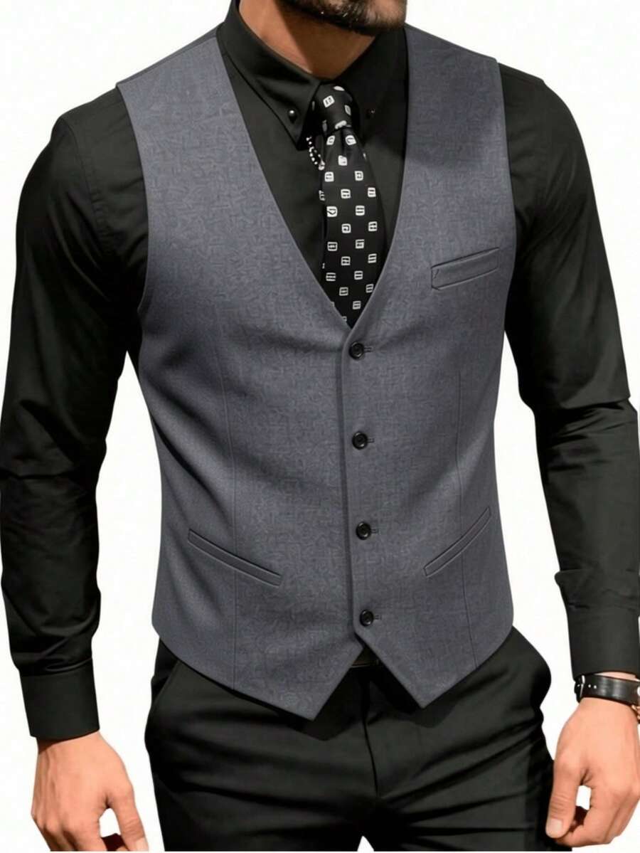 Chaleco casual estilo coreano para hombres, diseño de unicolor con ajuste slim y cuatro botones, chaleco con cuello de traje - Gris - Ver 1