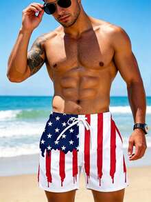 Herren-Strandshorts mit amerikanischer Flagge und Tropfenfarben-Muster, patriotische Sterne-und-Streifen-Badehose mit Kordelzug, rot-weiß-blaue Feiertags-Strandhose - Weiss - Übersicht 4