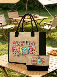 Large Capacity Linen Tote Bag With Minimalist Cosmetic Bag & Coin Purse, Colorful "Maestra" Letter Print Pattern, Fashion Women's Canvas Handbag, Portable Casual Storage Bag, Multifunctional Shopping Bag, Innovative Design, Large Capacity, Suitable For Shopping, Commuting, Students Back To School, Beach, Vacation, Mother's Day, Summer, Back To School Gift - Multicolor - View 2