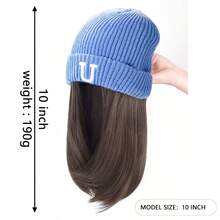 Mũ len co giãn màu xanh dương dành cho nữ, có tóc giả dài 35cm - Mũ mùa đông ấm áp và thời trang với tóc giả tích hợp - Chất liệu sợi tổng hợp - Nhiều màu - Xem 4