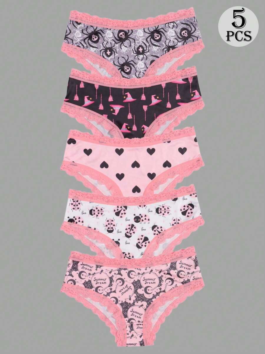 Dircho 5pcs Sweet-Style Girly Women's Underwear Set - Cute Fun Print Collection: Spider Web Skulls & Wizard Hats & Brooms & Spade Hearts & Adorable Ladybugs & Summer Dreams, Pink Lace Trim, Skin-Friendly Comfort Style, Sweet Girly Vibe Intimate Lingerie Set - Multicolor - View 1