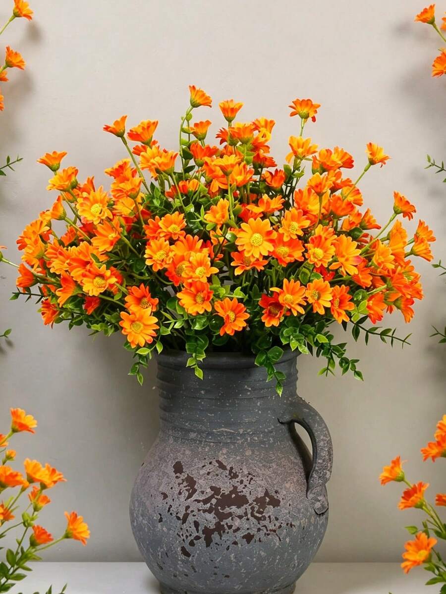 5pcs/3pcs Outdoor Artificial Daisy Flowers, UV-Resistant Plastic Fake Daisy Plants For Autumn Decor, Suitable For Home, Kitchen, Table Center, Artificial Flowers, Outdoor Floral Plants, Autumn Decor, UV-Resistant, Faux, Applicable For Planters, Front Door, Porch, Balcony, Window, Garden, Tabletop, Indoor Holiday Decoration (Orange)