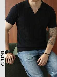 GRDR Chemise à manches courtes côtelée de couleur unie pour hommes, convenant aux tenues d'affaires, aux dîners et aux looks classiques en été - Noir - Voir 2