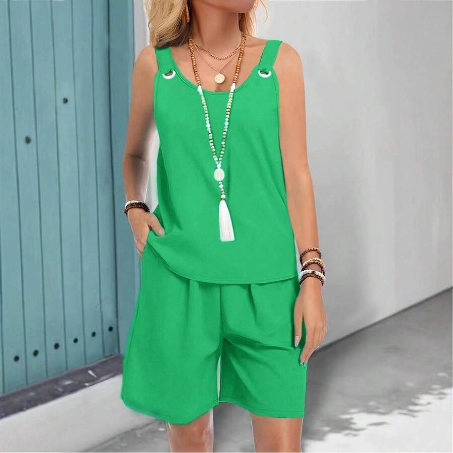 Women's Sleeveless Two Piece Set Top And Shorts Solid Color Double Pocket Casual Summer Outfit - Emerald Green - View 1