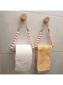 1pc Retro Rope & Wooden Bead Tissue Paper Holder, Nordic Style Wooden Towel Rack For Room Decor, Wooden Rod & Bead Toilet Paper Storage Rack - Multicolor - View 4