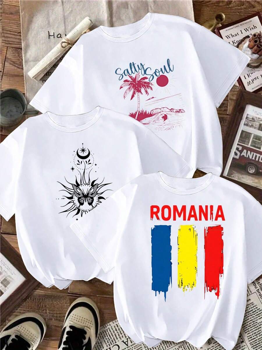 Salty Soul T-Shirt With Palm Tree And Sun Print, Complex Sun And Moon Design T-Shirt, Romanian Flag Print T-Shirt - Ultra Soft, Lightweight And Breathable Women's Casual T-Shirt, Fashionable Summer T-Shirt, Suitable For Daily Wear And Outdoor Activities. - 白色 - 查看 1