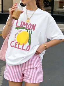 Una camiseta de manga corta holgada para mujer, estilo vacacional y casual, con estampado de limones, moda femenina, adecuada para salir, calle y deporte, ropa de verano para mujer, fácil de combinar-Vintage Street Style Unisex Loose Cotton Short Sleeve Crew Neck T-Shirt - Blanco - Ver 6